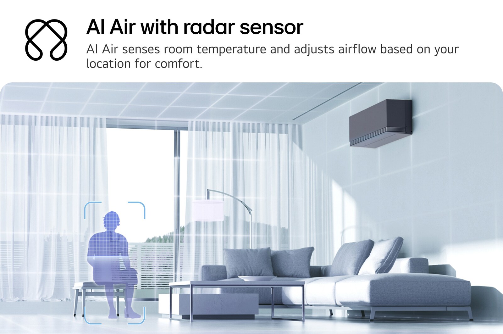 Minh họa công nghệ LG AI Air trong phòng khách với máy điều hòa treo tường. Hệ thống điều chỉnh luồng gió bằng cách nhận diện nhiệt độ phòng và vị trí người dùng. Nội dung hiển thị: “AI Air với cảm biến radar: AI Air nhận diện nhiệt độ phòng và điều chỉnh luồng gió dựa trên vị trí của bạn để mang lại sự thoải mái.”