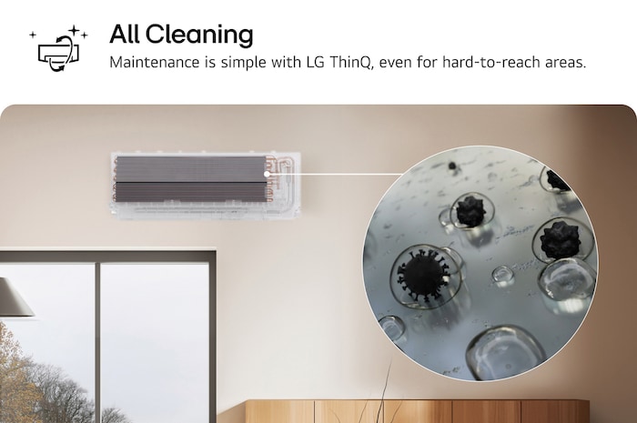Hình ảnh giới thiệu tính năng AI Cleaning của máy điều hòa LG. Hình ảnh làm nổi bật quá trình làm sạch bên trong, kèm theo cận cảnh bụi bẩn và vi khuẩn được loại bỏ. Nội dung hiển thị: “AI Cleaning. Việc bảo trì trở nên đơn giản với LG ThinQ, ngay cả ở những khu vực khó tiếp cận.”
