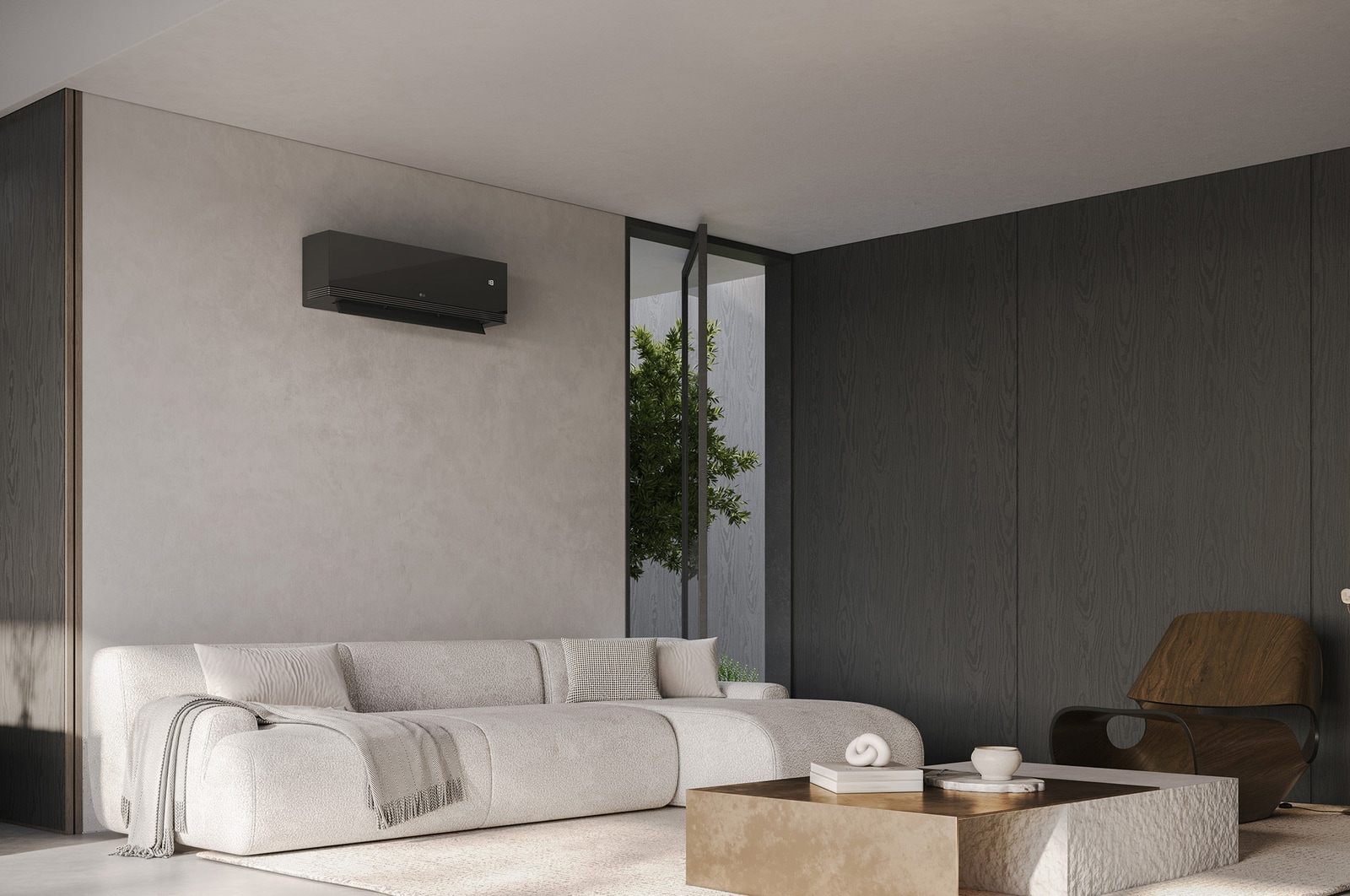 Phòng khách hiện đại với máy điều hòa LG được lắp trên tường