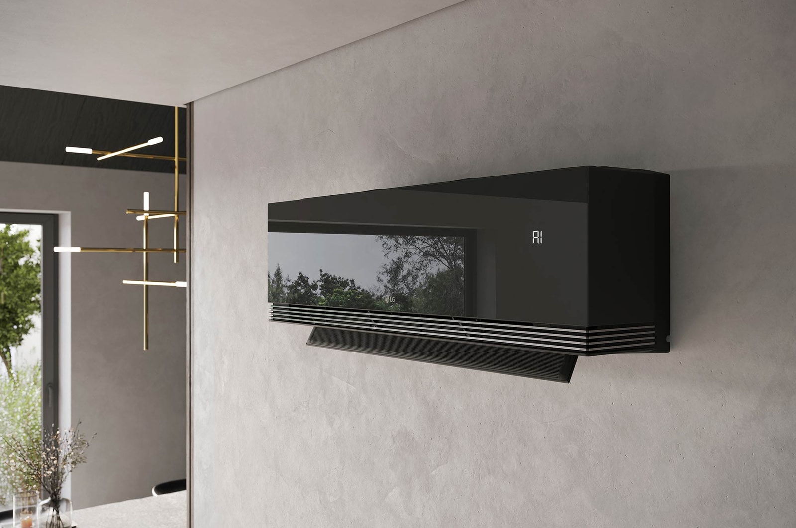 Máy điều hòa LG AI Air với cánh đảo gió đang mở, hiển thị nhiệt độ 18°C