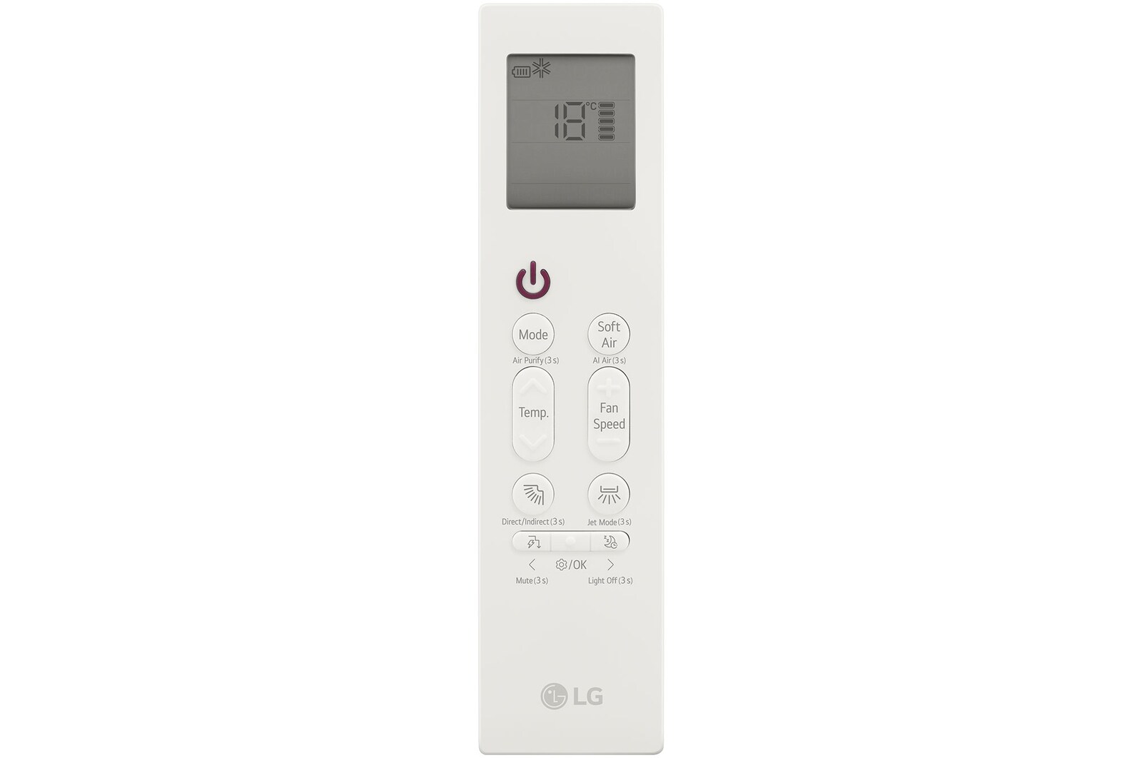 Điều khiển từ xa của máy điều hòa LG với màn hình hiển thị và các nút bấm
