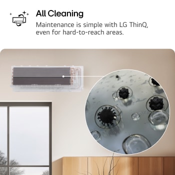 Hình ảnh giới thiệu tính năng AI Cleaning của máy điều hòa LG. Hình ảnh làm nổi bật quá trình làm sạch bên trong, kèm theo cận cảnh bụi bẩn và vi khuẩn được loại bỏ. Nội dung hiển thị: “AI Cleaning. Việc bảo trì trở nên đơn giản với LG ThinQ, ngay cả ở những khu vực khó tiếp cận.”