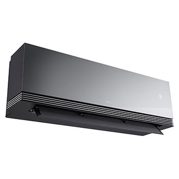 Góc nhìn chính diện từ bên trái, chụp từ góc thấp của máy điều hòa LG AI Air với cánh đảo gió dưới đang mở