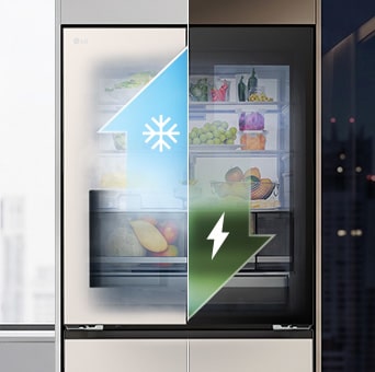 Hình ảnh mặt trước tủ lạnh LG với giao diện AI ThinQ hiển thị bên ngoài