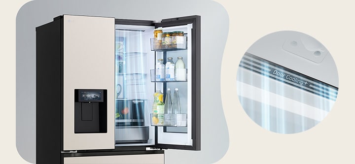Tủ lạnh LG với cửa mở, thể hiện luồng khí DoorCooling+ giúp làm lạnh nhanh và đều hơn.