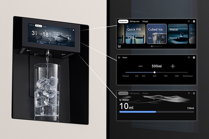 Màn hình cảm ứng trên tủ lạnh LG hiển thị các mức cài đặt nhiệt độ; nước đang được lấy vào một chiếc cốc chứa đầy đá viên bên dưới.