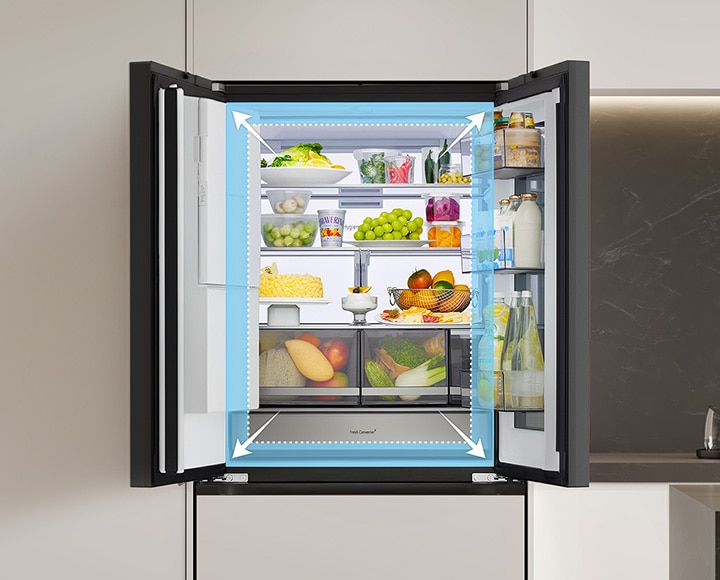 Hình ảnh tủ lạnh LG mở cửa, thể hiện không gian bên trong rộng rãi với các khu vực lưu trữ nổi bật.