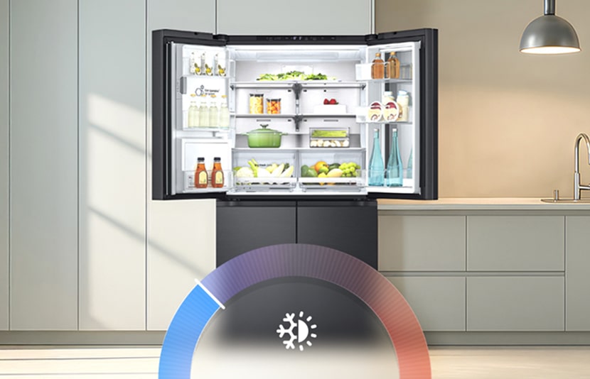 Open LG refrigerator in a modern kitchen with a digital temperature dial graphic showing fridge and freezer cooling balance.	