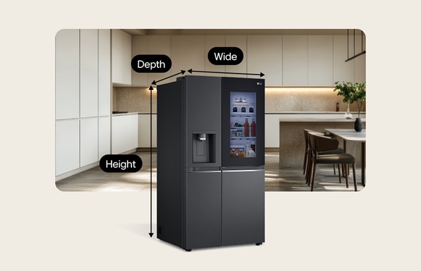 LG refrigerator in a modern kitchen with height, width, and depth labels	