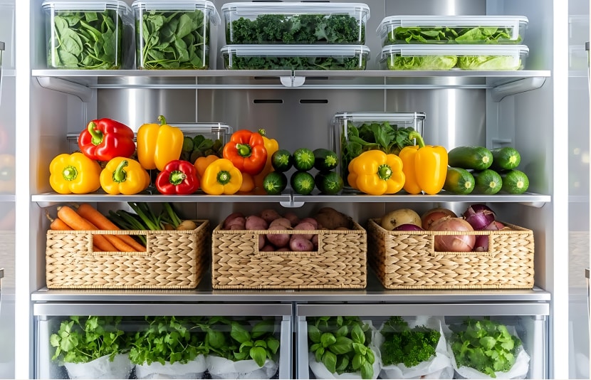 Organized refrigerator shelves with vegetables and woven baskets, showing a clean and efficient way to store fresh food.	