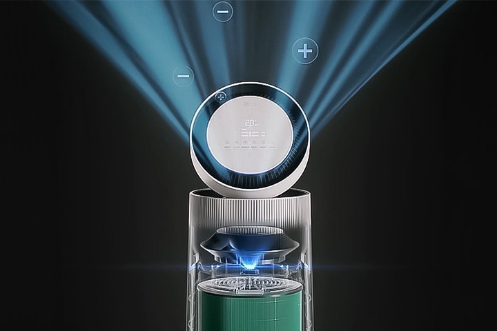 Hình minh họa máy lọc không khí LG PuriCare™ 360˚ với hệ thống lọc bên trong và luồng khí.