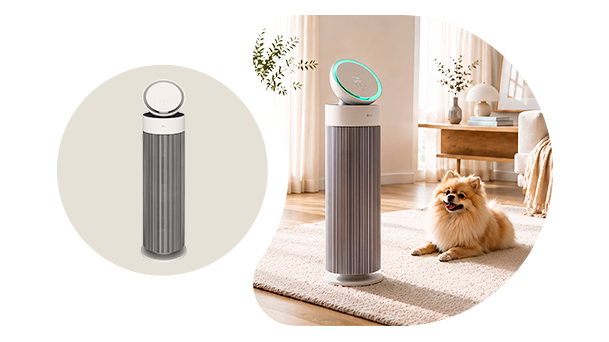 Chó ngồi bên cạnh máy lọc không khí LG AeroBooster Pet