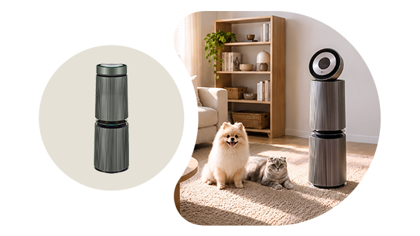 Mèo và chó bên cạnh máy lọc không khí LG PuriCare™ 360˚ Alpha Pet