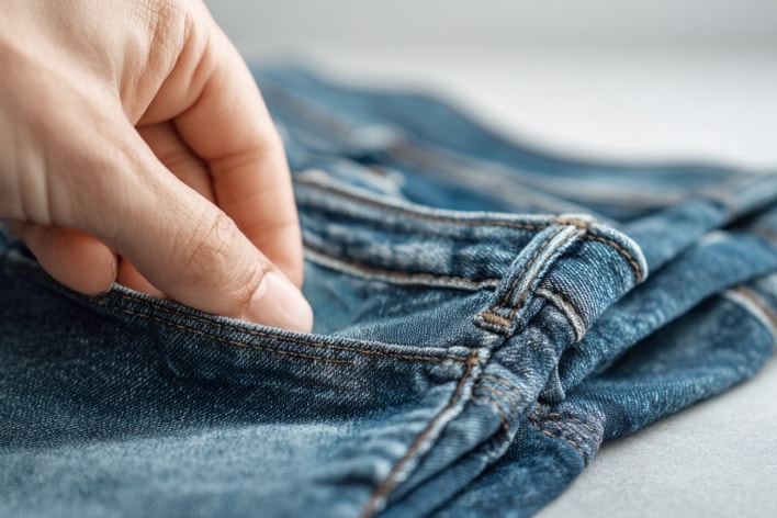 Cảnh chuẩn bị đồ giặt của LG cho thấy bàn tay đang kiểm tra túi quần jean xanh trước khi giặt