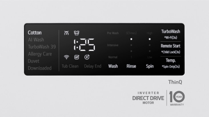 Màn hình kỹ thuật số của máy giặt LG hiển thị cài đặt thời gian giặt, nhiệt độ và tốc độ vắt