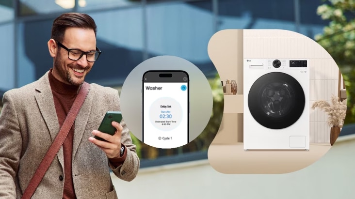 Máy giặt LG kết nối với ứng dụng LG ThinQ với một người đang cầm điện thoại thông minh phía trước thiết bị