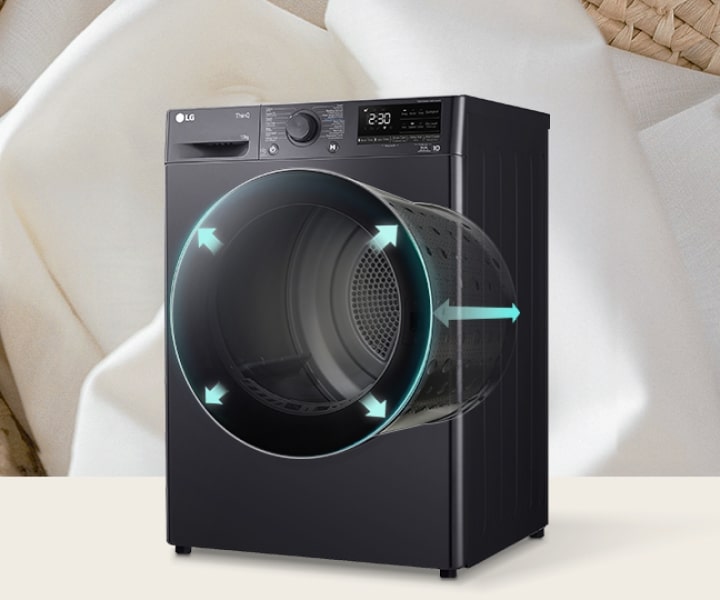 Máy sấy LG đặt bên cạnh giỏ quần áo với lồng phát sáng từ bên trong nhằm nhấn mạnh ý tưởng chọn dung tích và kích thước