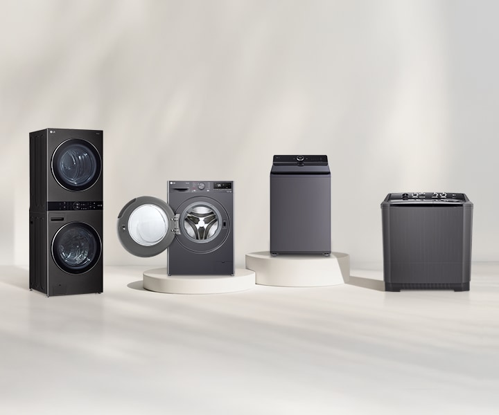 Dòng sản phẩm máy giặt LG gồm mẫu máy giặt cửa trước, cửa trên và lồng đôi đặt cạnh nhau trong studio