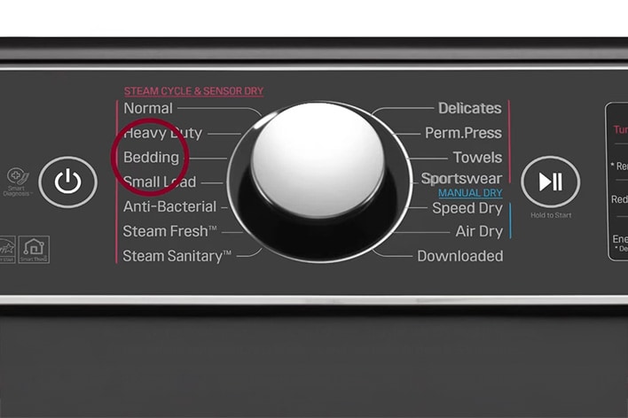 Hình ảnh cận cảnh bảng điều khiển máy sấy LG hiển thị lựa chọn chu trình chăm sóc chăn ga trên nút xoay chương trình	