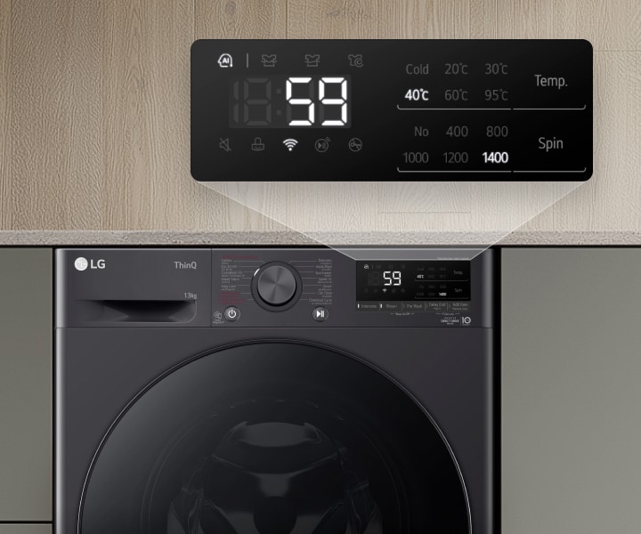 Hình ảnh cận cảnh bảng điều khiển máy giặt LG hiển thị màn hình nhiệt độ kỹ thuật số và giao diện chọn chương trình	