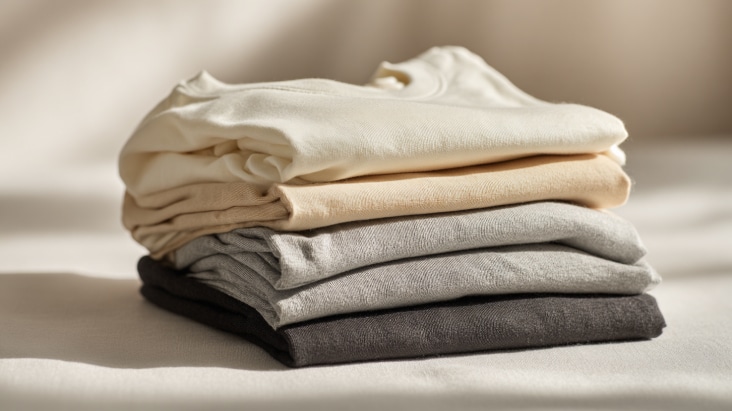Quần áo vải cotton và linen được gấp gọn gàng trên kệ, thể hiện các loại vải giặt hằng ngày