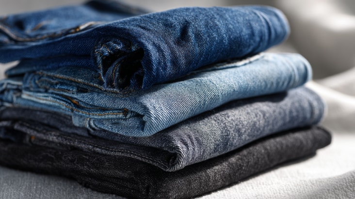 quần jean denim xếp thành chồng, thể hiện kết cấu vải dày dặn và chất liệu trang phục thường ngày	