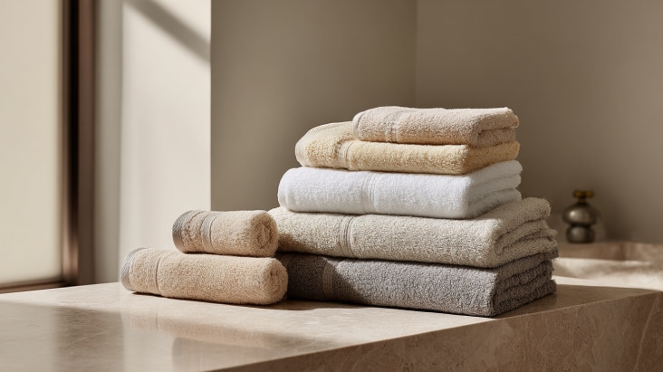 khăn tắm và chăn ga được gấp gọn, xếp chồng trên kệ gỗ, đại diện cho đồ giặt dày