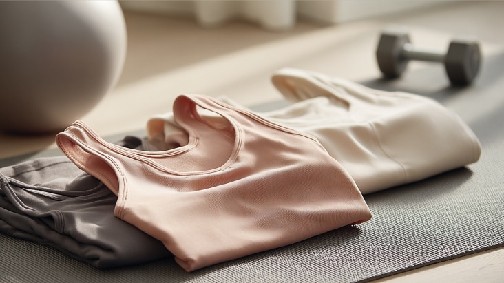 quần áo thể thao được gấp gọn trên bàn, thể hiện chất liệu vải nhẹ chuyên dùng cho vận động