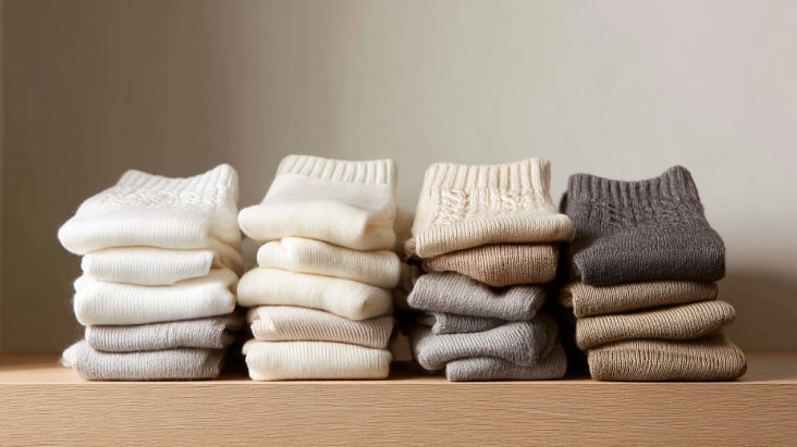 đồ lót và tất được gấp gọn và xếp chồng biểu thị đồ giặt nhỏ dùng hàng ngày	