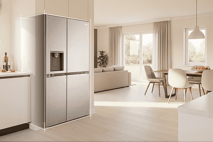 Không gian bếp sáng màu be với tủ lạnh LG màu bạc được lắp âm bên trái. Bên phải là bàn ăn với bình hoa tạo nên tổng thể sang trọng và tinh tế.