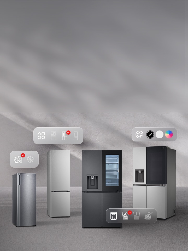Bốn model tủ lạnh LG được xếp cạnh nhau kèm biểu tượng minh họa cho biết cấu hình, loại, màu sắc và các tùy chọn máy cấp nước/máy làm đá.