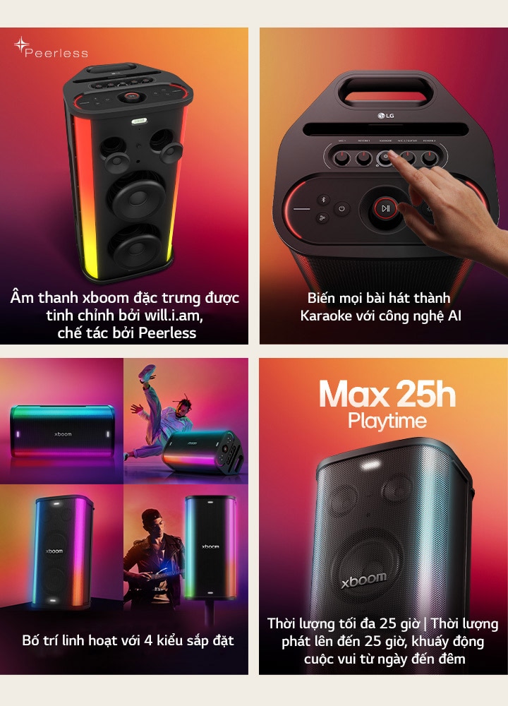 1) LG xboom Stage 501, loa tiệc công suất mạnh mẽ với âm thanh đặc trưng đến từ Peerless cùng hệ thống đèn tích hợp 2) LG xboom Stage 501, điều chỉnh trực tiếp trên loa để biến bất kỳ ca khúc nào thành bản karaoke với công nghệ AI. 3) LG xboom Stage 501, loa tiệc được thiết kế với 4 kiểu sắp đặt linh hoạt cho mọi không gian tiệc 4) LG xboom Stage 501, thời lượng pin lên đến 25 giờ, đồng hành cùng cuộc vui từ ban ngày đến đêm khuya và hơn thế nữa.