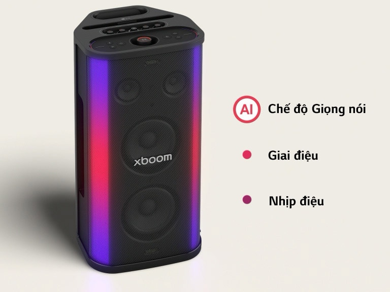 Loa LG xboom Stage 501 với hệ thống đèn LED thanh kép đa sắc màu, hiển thị tính năng AI Lighting đồng bộ theo nhạc, tạo nên không gian tiệc sống động