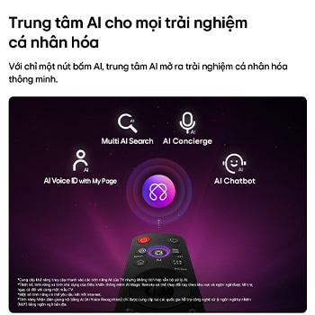 LG SMART TV AI LB65 trang bị AI Hub cho khả năng cá nhân hóa, với biểu tượng AI phía trên điều khiển từ xa, được bao quanh bởi các nhãn tính năng Multi AI Search, AI Concierge, AI Voice ID with My Page, AI Chatbot, AI Picture Wizard và AI Sound Wizard.