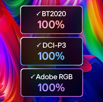 LG Micro RGB evo AI MRGB95 với chứng nhận 100% độ phủ ba hệ màu lấp đầy màn hình bằng các dải màu đỏ, xanh lá và xanh dương chuyển tiếp mượt mà, rực rỡ; đạt độ bao phủ 100% cho các chuẩn màu BT2020, DCI-P3 và Adobe RGB