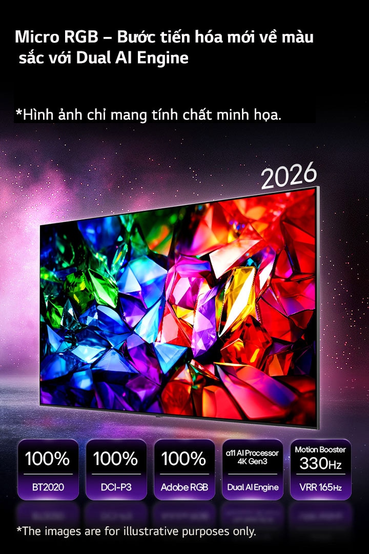 LG Micro RGB evo AI MRGB95 – bước tiến mới của công nghệ màu sắc, tái hiện hình ảnh tinh thể rực rỡ với các màu đỏ, xanh lá và xanh dương sắc nét. Sản phẩm được trang bị độ phủ màu 100% theo ba chuẩn BT2020, DCI-P3 và Adobe RGB, cùng bộ xử lý alpha 11 AI 4K Gen3 Dual Engine và Motion Booster 330Hz với VRR 165Hz