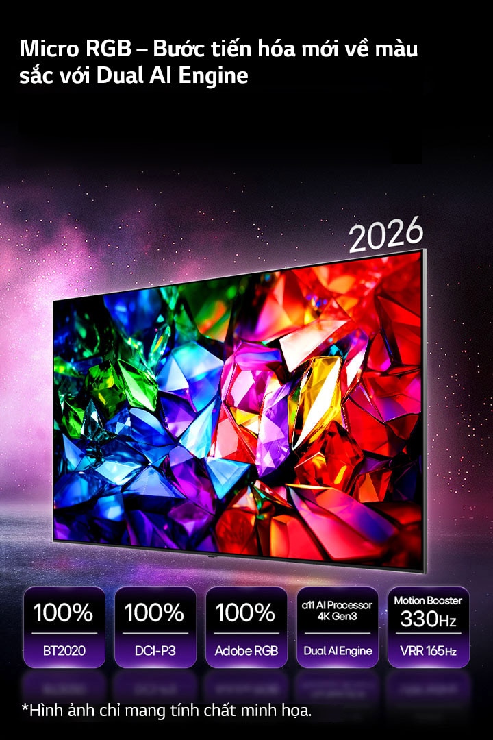 LG Micro RGB evo AI MRGB95 – bước tiến mới của công nghệ màu sắc, tái hiện hình ảnh tinh thể rực rỡ với các màu đỏ, xanh lá và xanh dương sắc nét. Sản phẩm được trang bị độ phủ màu 100% theo ba chuẩn BT2020, DCI-P3 và Adobe RGB, cùng bộ xử lý alpha 11 AI 4K Gen3 Dual Engine và Motion Booster 330Hz với VRR 165Hz