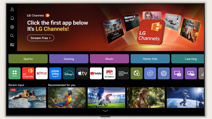 Màn hình chính của LG Micro RGB evo AI MRGB95 điều hướng vào giao diện LG Channels, hiển thị các kênh TV trực tiếp miễn phí, phim và nội dung độc quyền. Video minh họa khả năng truy cập trực tiếp vào hàng trăm lựa chọn giải trí.