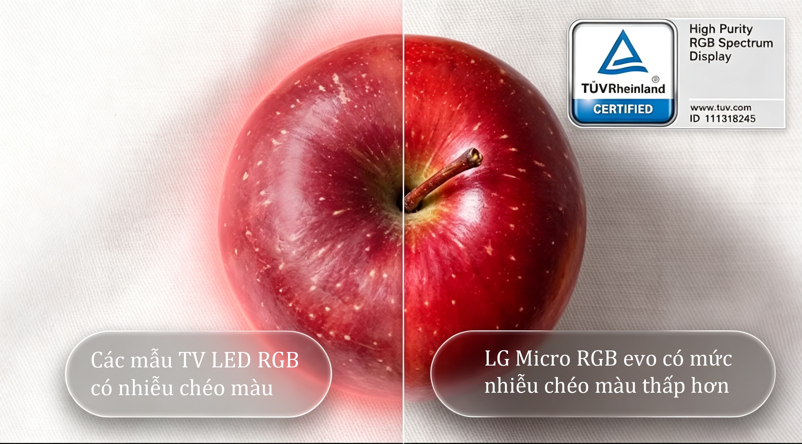 LG Micro RGB evo AI MRGB95 được trang bị TÜV Rheinland Certified High Purity RGB Spectrum Display mang đến màu sắc có độ tinh khiết cao nhất của LG như có thể thấy qua việc so sánh hình ảnh quả táo hiển thị trên các mẫu TV LED RGB có nhiễu chéo màu với hình ảnh trên LG Micro RGB evo có mức nhiễu chéo màu thấp hơn, qua đó cho thấy khả năng thể hiện màu sắc chính xác và sống động hơn.