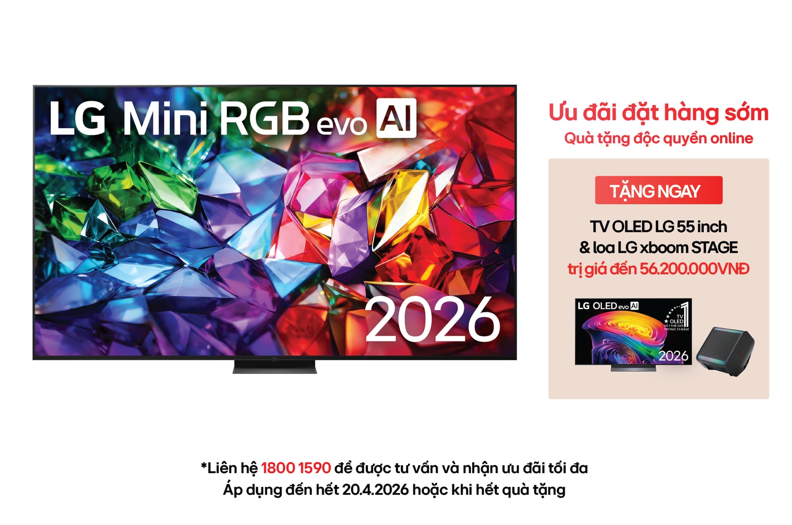 The front view of LG Micro RGB evo AI MRGB95, released in 2026, features a slim black bezel on low-profile feet, with a vivid, crystalline image of sharply defined red, green, and blue facets filling the screen. 