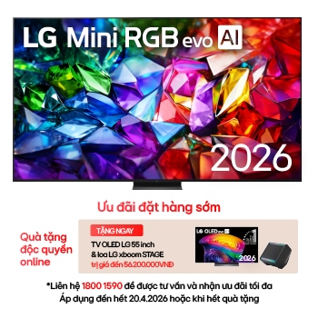 The front view of LG Micro RGB evo AI MRGB95, released in 2026, features a slim black bezel on low-profile feet, with a vivid, crystalline image of sharply defined red, green, and blue facets filling the screen. 