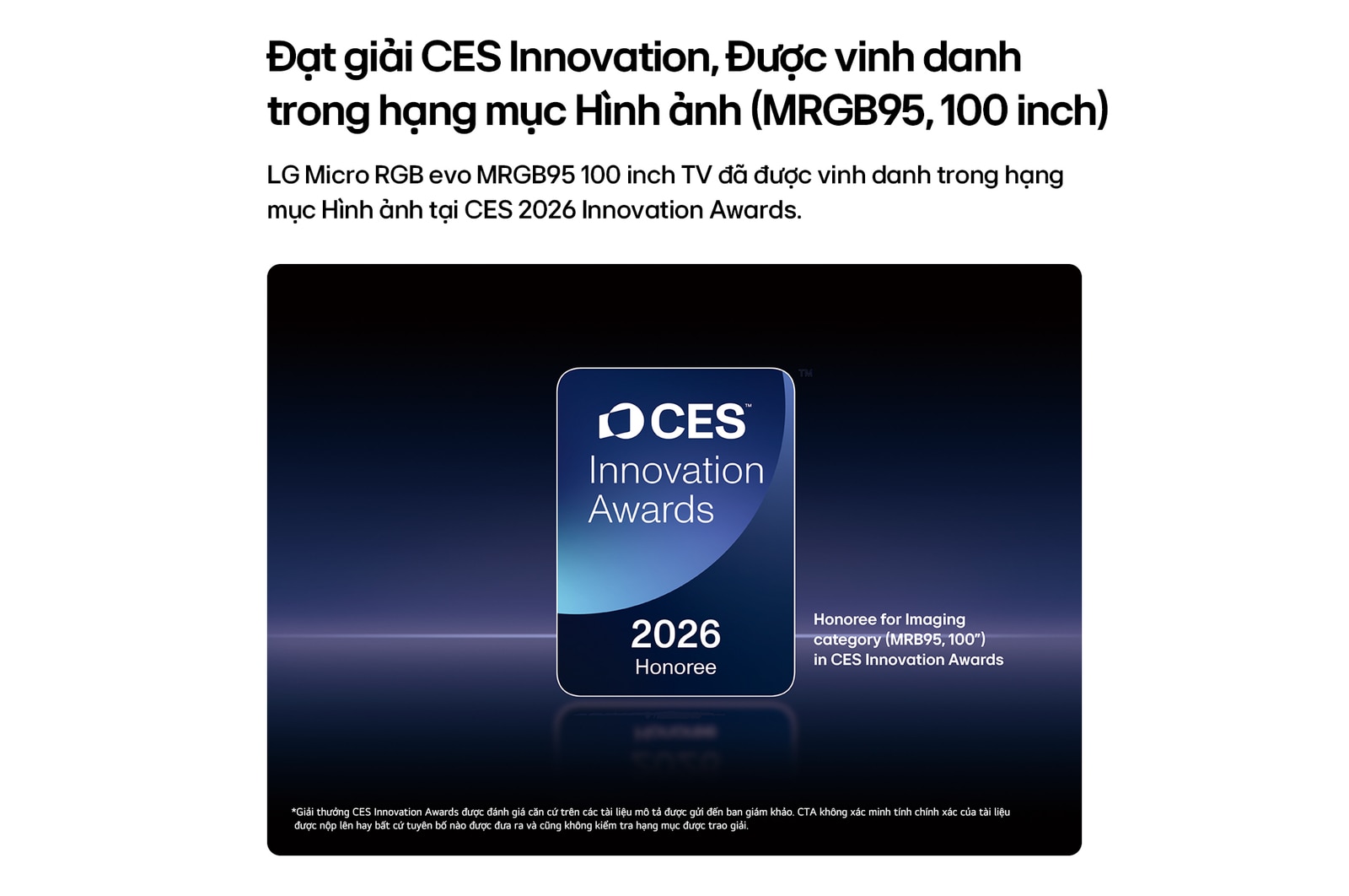 2026 CES Innovation Awards Honoree badge in the Imaging category for the MRGB95 100-inch display