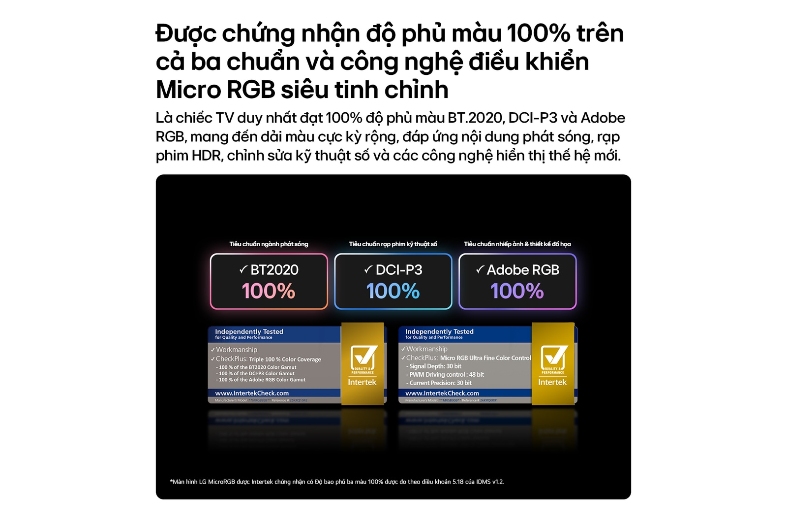 LG Micro RGB evo AI MRGB95, featuring Micro RGB ultra-fine color control, delivers 100% color coverage of BT2020, DCI-P3, and Adobe RGB as certified by Intertek. 