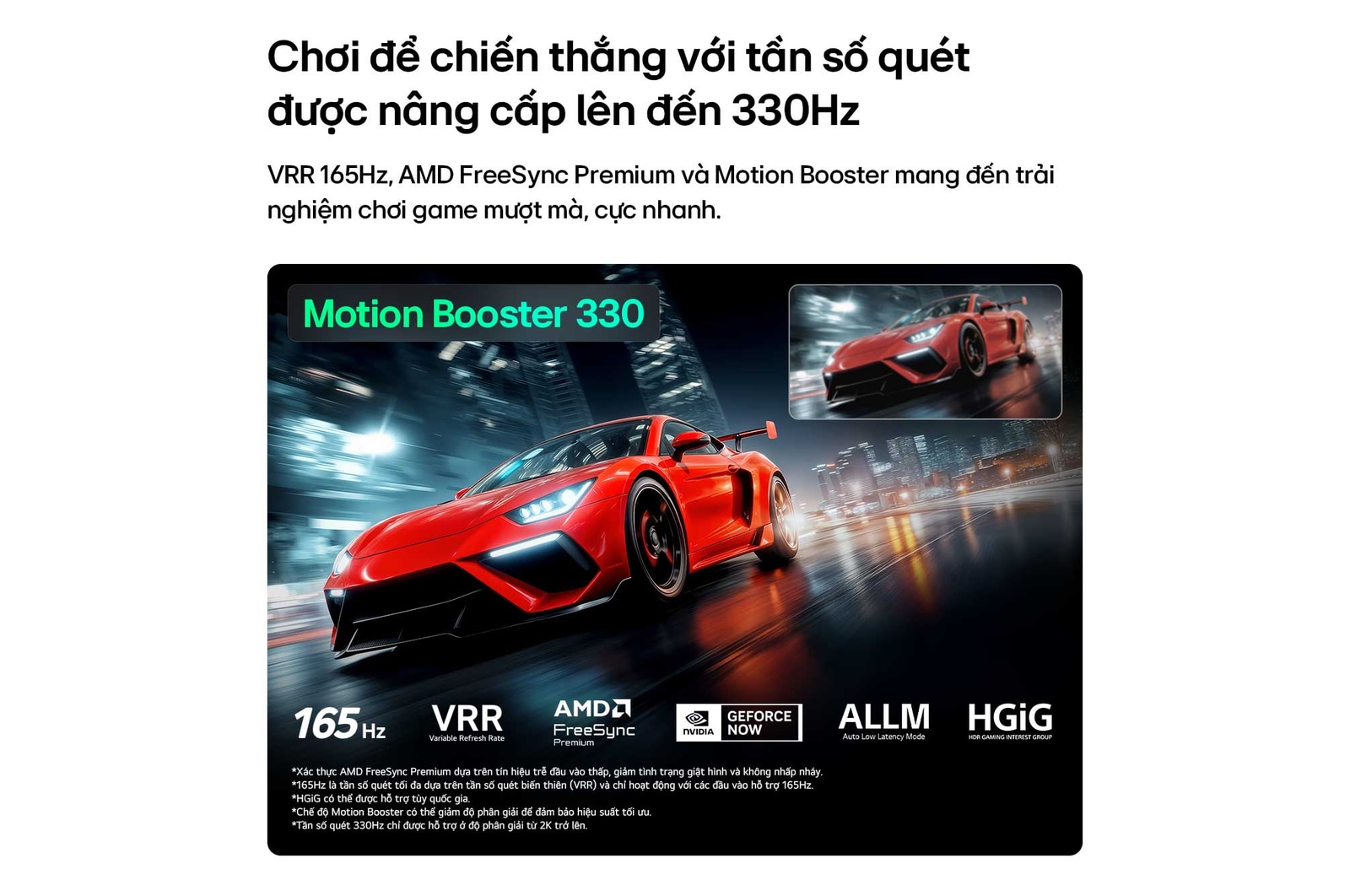 LG Micro RGB evo AI MRGB95 with Ultimate Gameplay shows a vibrant, high-speed racing scene with a blurred comparison inset highlighting Motion Booster 330, while supporting 165 Hz, VRR, AMD FreeSync, ALLM, HGiG, and GeForce NOW. 