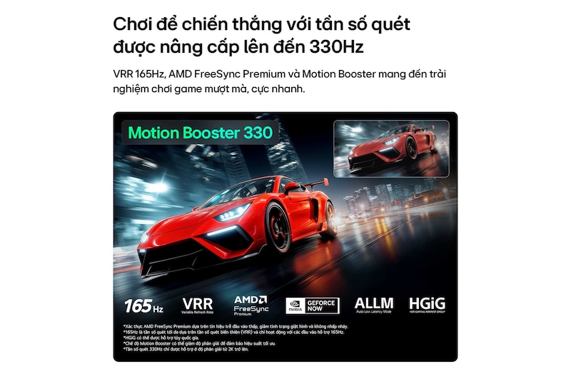 LG Micro RGB evo AI MRGB95 with Ultimate Gameplay shows a vibrant, high-speed racing scene with a blurred comparison inset highlighting Motion Booster 330, while supporting 165 Hz, VRR, AMD FreeSync, ALLM, HGiG, and GeForce NOW. 