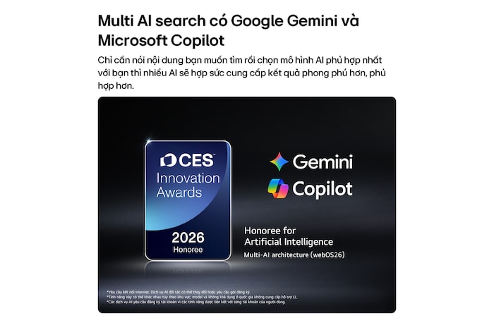 The 2026 CES Innovation Awards Honoree badge in the Artificial Intelligence category recognizes Multi-AI search with Google Gemini and Microsoft Copilot.