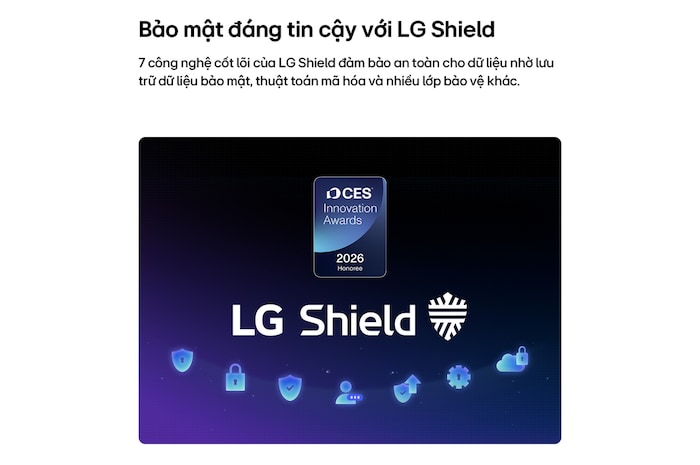 LG Shield, applied to LG Micro RGB evo AI MRGB95, is shown with an LG Shield logo at the center, security icons below, and a 2026 CES Innovation Awards Honoree badge above, representing data and system protection.