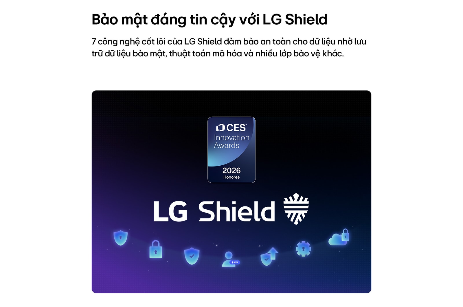 LG Shield, applied to LG Micro RGB evo AI MRGB95, is shown with an LG Shield logo at the center, security icons below, and a 2026 CES Innovation Awards Honoree badge above, representing data and system protection. 
