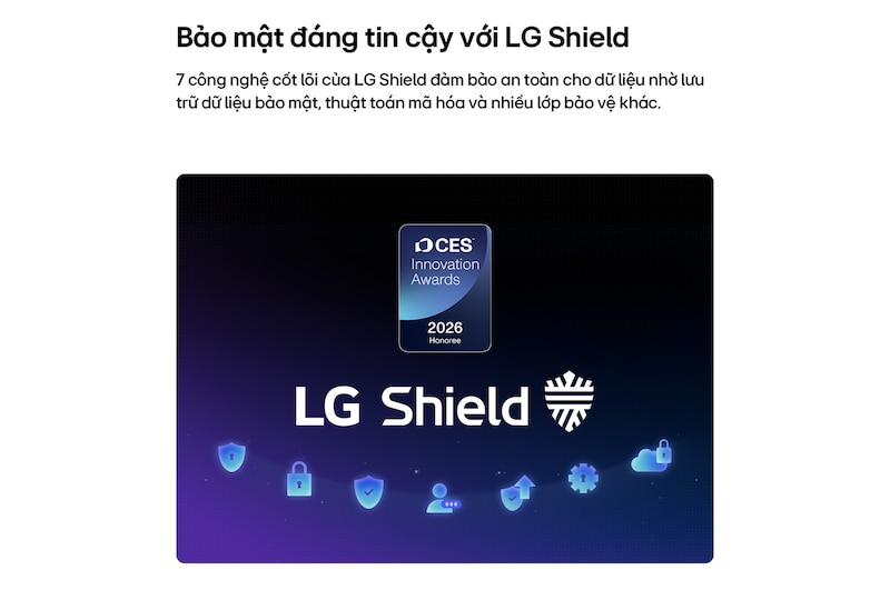 LG Shield, applied to LG Micro RGB evo AI MRGB95, is shown with an LG Shield logo at the center, security icons below, and a 2026 CES Innovation Awards Honoree badge above, representing data and system protection. 