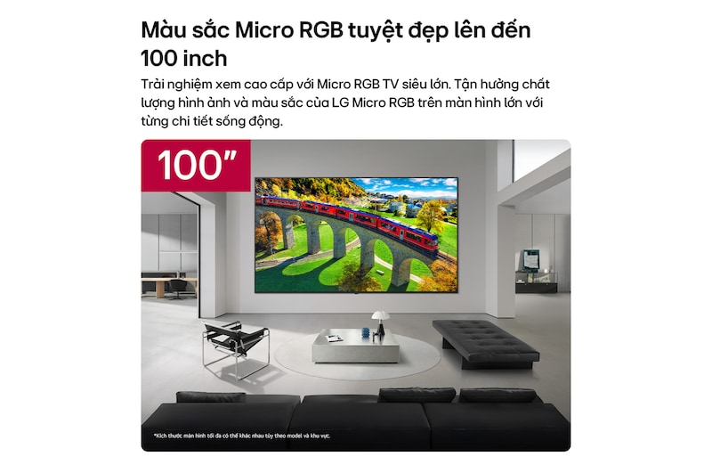 LG Micro RGB evo AI MRGB95, offering up to 100 inches, is wall-mounted in a spacious modern living room. Displaying a vivid, colorful landscape that highlights rich color and fine detail, elevating the interior to a new level. 